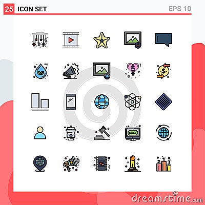 Modern Set of 25 Filled line Flat Colors Pictograph of bubble, lock, movie, image, star Vector Illustration