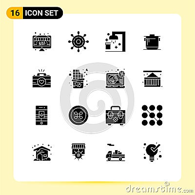 Set of 16 Modern UI Icons Symbols Signs for cam, cook, bath, rice, cooker Vector Illustration