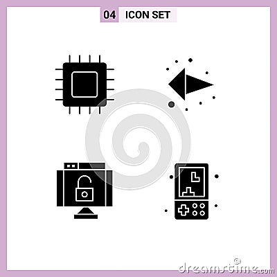 Set of 4 Modern UI Icons Symbols Signs for chip, data, gadget, direction, protect Vector Illustration