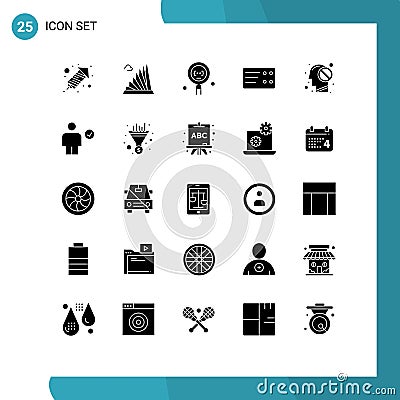 Universal Icon Symbols Group of 25 Modern Solid Glyphs of closed, human, coding, transport, search Vector Illustration