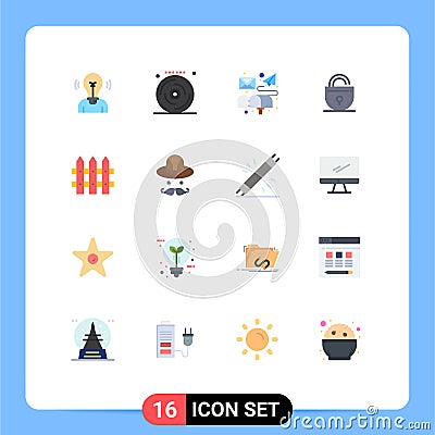 Set of 16 Modern UI Icons Symbols Signs for construction, security, party, locked, mail Vector Illustration