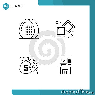 Set of 4 Modern UI Icons Symbols Signs for cooking, cash, food, process, gear Vector Illustration