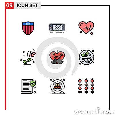 Set of 9 Modern UI Icons Symbols Signs for dad, nature, psp, flower, flora Vector Illustration