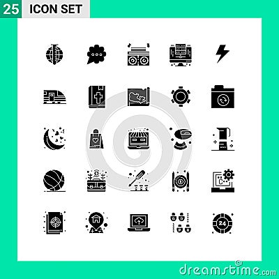 Set of 25 Modern UI Icons Symbols Signs for electric, power, music, server, digital Vector Illustration