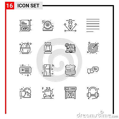 Set of 16 Modern UI Icons Symbols Signs for entertainment, food, designing, chinese, right Vector Illustration