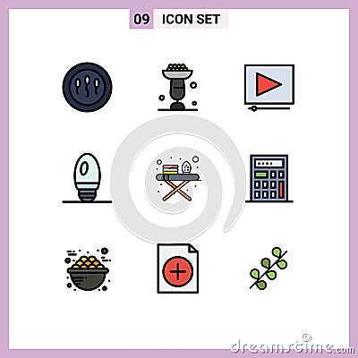 Set of 9 Modern UI Icons Symbols Signs for ironing tools, ironing board, stand, lamp, bulb Vector Illustration