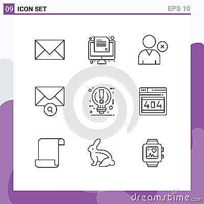 Set of 9 Modern UI Icons Symbols Signs for light, bulb, paper, search, mail Vector Illustration