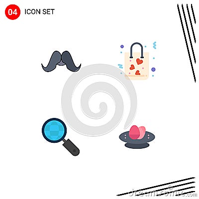 Set of 4 Modern UI Icons Symbols Signs for moustache, globe, male, gift, search Vector Illustration