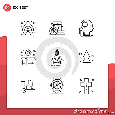 9 User Interface Outline Pack of modern Signs and Symbols of package, crate, mind, boxes, brainstorming Vector Illustration