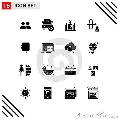 Set of 16 Modern UI Icons Symbols Signs for power, voltage, candle, security, gateway Vector Illustration