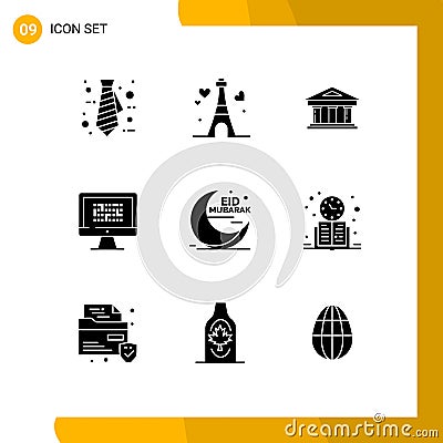 Set of 9 Modern UI Icons Symbols Signs for problem, encryption, courthouse, ddos, cryptography Vector Illustration