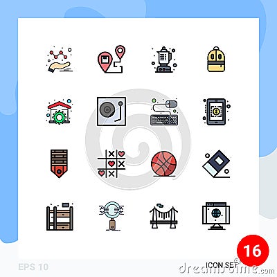 Group of 16 Flat Color Filled Lines Signs and Symbols for repair, house, blender, read, backbag Vector Illustration