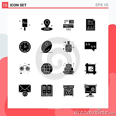 Set of 16 Modern UI Icons Symbols Signs for stopwatch, alarm, ac, graph, document Vector Illustration