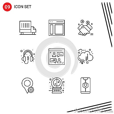 Set of 9 Modern UI Icons Symbols Signs for web, hardware, hand, computer, selling Vector Illustration