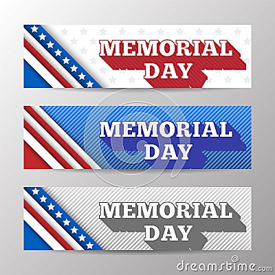Set of modern vector horizontal banners, page headers with text for Memorial Day. Banners with stripes and stars Vector Illustration