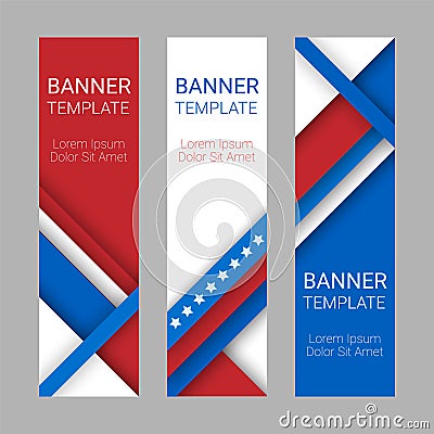 Set of modern vector vertical banners, page headers in colors of the American flag. Vector Illustration