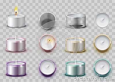 Set modern wax aromatic candle in round metal container Vector Illustration