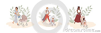 Set of modern young moms walking with newborns in prams and strollers. Stylish women strolling with babies. Motherhood Cartoon Illustration