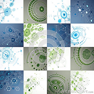 Set of modular Bauhaus 3d vector backdrops, created from geometric figures Vector Illustration