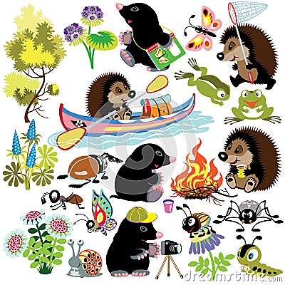 Set with mole and hedgehog in camping Vector Illustration