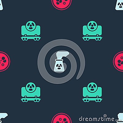 Set Molecule, Nuclear power plant and Radioactive cargo train on seamless pattern. Vector Vector Illustration