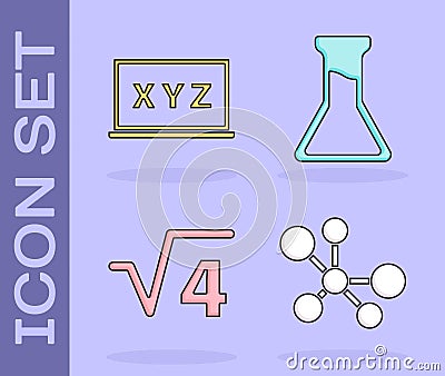 Set Molecule, XYZ Coordinate system, Square root of 4 glyph and Test tube and flask icon. Vector Vector Illustration