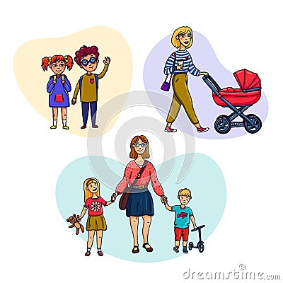 Set of mom and baby. Mother walks with children. Vector illustration in a flat style. Vector Illustration