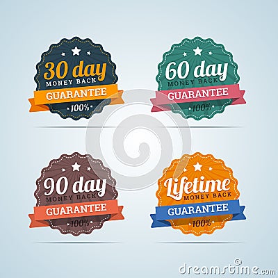 Set of money back guarantee badges in flat style Vector Illustration