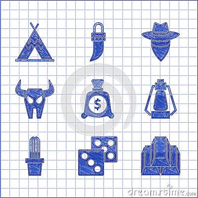 Set Money bag, Game dice, Gold bars, Camping lantern, Cactus peyote pot, Buffalo skull, Cowboy and Indian teepee or Vector Illustration