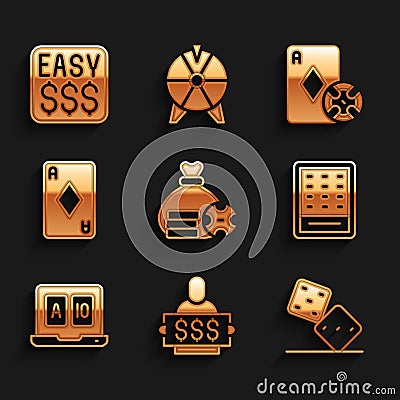 Set Money bag, Winner holding prize ticket, Game dice, Lottery, Online poker table game, Playing card with diamonds Vector Illustration