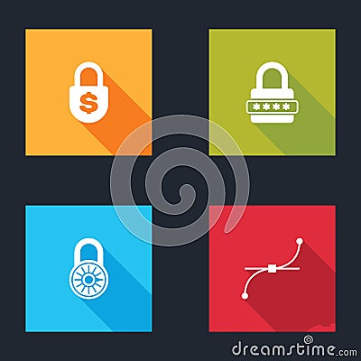 Set Money lock, Password protection, Safe combination wheel and Bezier curve icon. Vector Vector Illustration