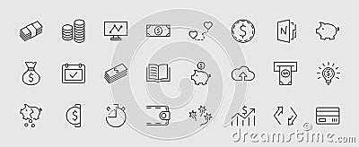 Set of Money Related Vector Line Icons. Contains such Icons as Money Bag, Piggy Bank in the form of a Pig, Wallet, ATM Vector Illustration