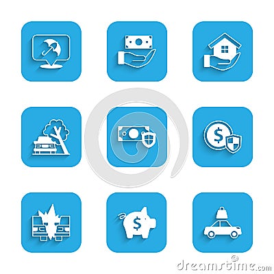 Set Money with shield, Piggy bank, Car insurance, accident, damaged by fallen tree, House hand and Umbrella icon. Vector Vector Illustration