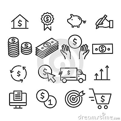 Set of money sign. Marketing, stack of money, business analysis concept outline icon isolated on white background Vector Illustration