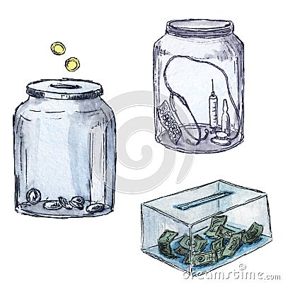 Set of moneyboxes for donation - Watercolor hand painted illustration Cartoon Illustration