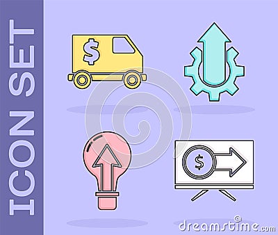 Set Monitor with dollar, Armored truck, Light bulb and Arrow growth gear business icon. Vector. Vector Illustration