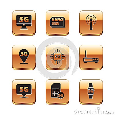 Set Monitor with 5G network, Location, Sim Card, Processor, Antenna, Smart watch and Nano icon. Vector Stock Photo