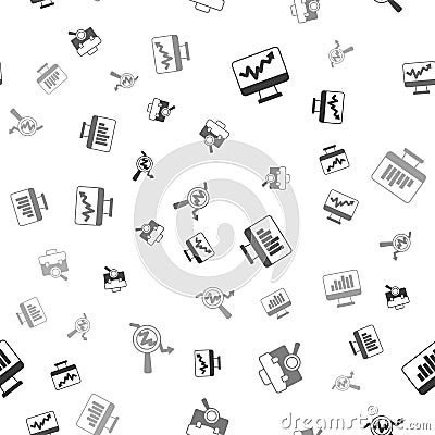 Set Monitor with graph chart, Work search, and Search data analysis on seamless pattern. Vector Vector Illustration