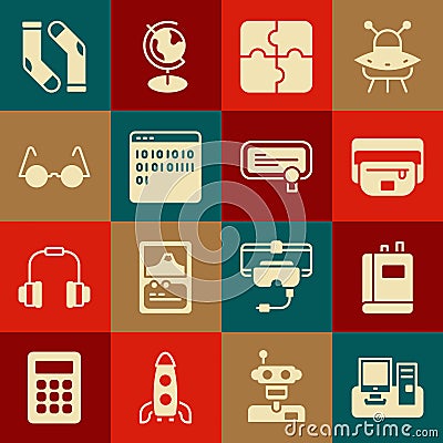 Set Monitor with keyboard, Book, Waist bag of banana, Piece puzzle, Binary code, Eyeglasses, Socks and Certificate Vector Illustration