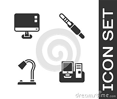 Set Monitor with keyboard, Computer monitor screen, Table lamp and Audio jack icon. Vector Vector Illustration