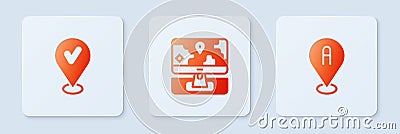 Set Monitor with location marker, Location check and . White square button. Vector Vector Illustration