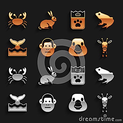 Set Monkey, Frog, Giraffe head, Goose bird, Whale tail in ocean wave, Bag of food, Crab and Rabbit icon. Vector Vector Illustration