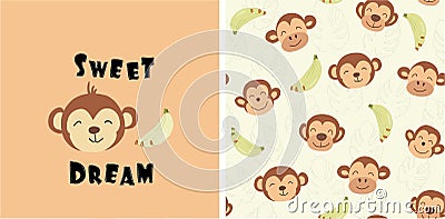 set of monkey print and seamless pattern with monkeys.vector Cartoon Illustration