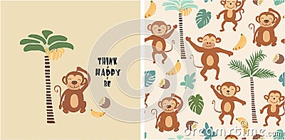 Set of monkey print and seamless pattern with monkeys.vector Vector Illustration
