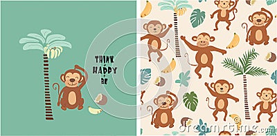 Set of monkey print and seamless pattern with monkeys.vector Vector Illustration