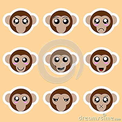 Set of monkey stickers. Different emotions, expressions. Sticker in anime style. Vector Illustration for your design. Vector Illustration