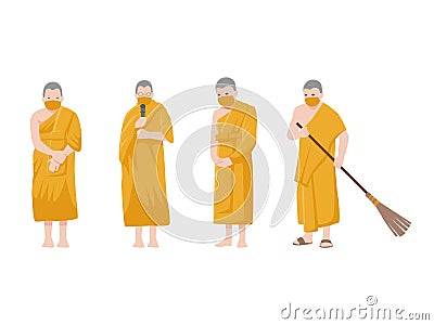 Set of monks. Social Distancing, Monk keep distance for infection risk and disease Vector Illustration