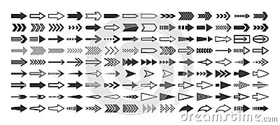 Set Of Monochrome Arrow Symbols, Offering Directional Cues, Includes Straight, Curved, And Angled Designs Vector Illustration