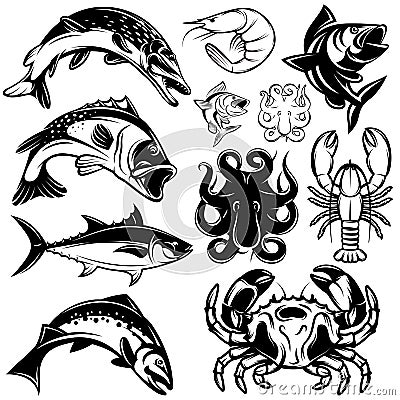 Set of monochrome freshwater and marine fish and shellfish Stock Photo