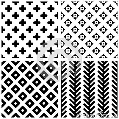 Set of 4 monochrome geometric seamless patterns. Vector Illustration